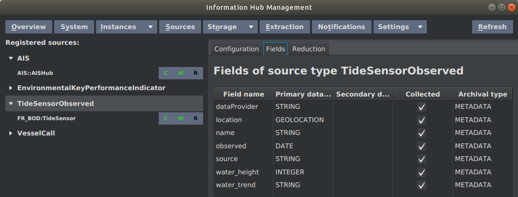 TideSensorObserved source type displayed in Informatoion Hub management console